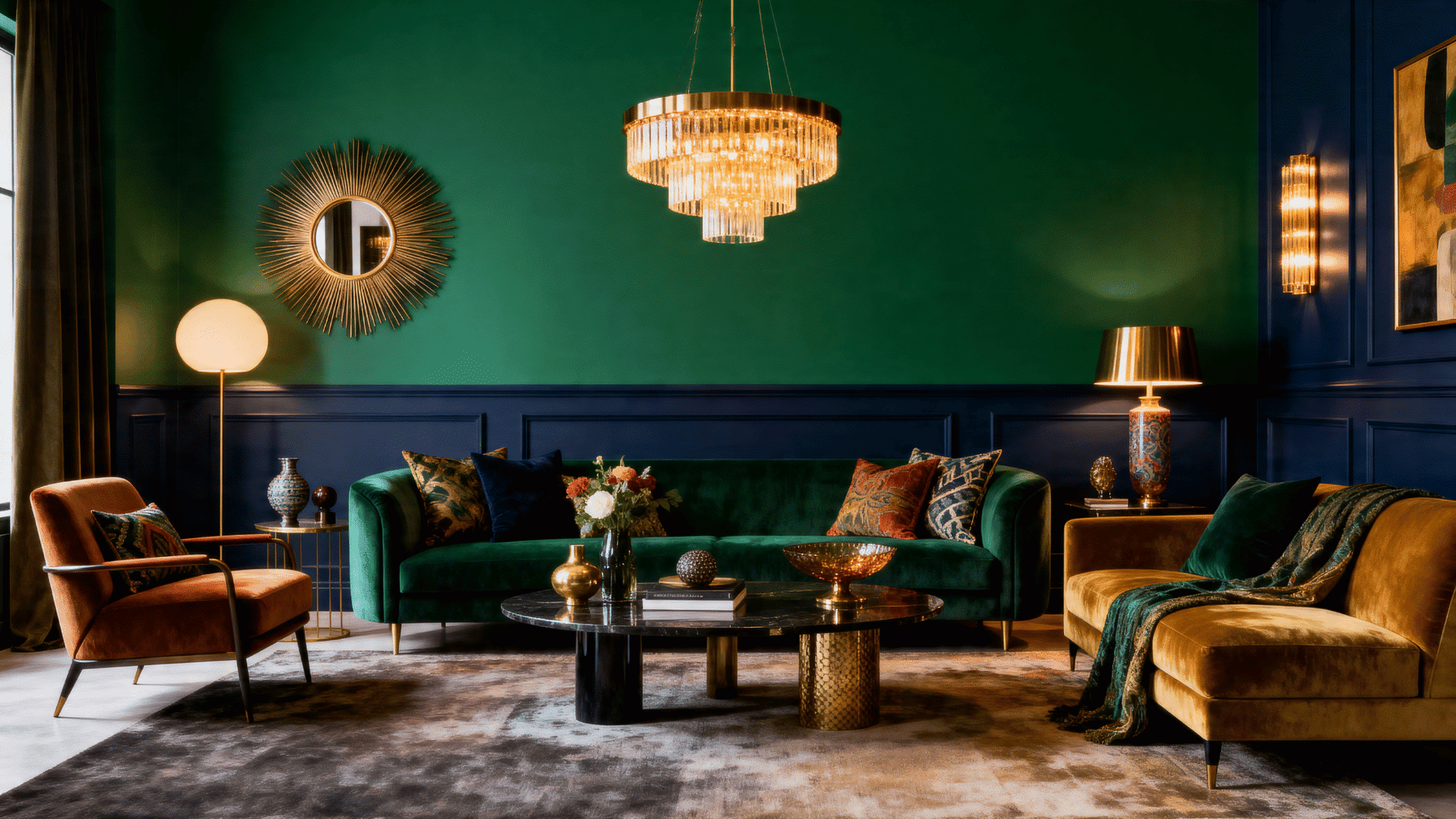 interior living room with bold wall colors in deep green and navy, modern furniture, layered decor, rich lighting, high-end interior design photography
