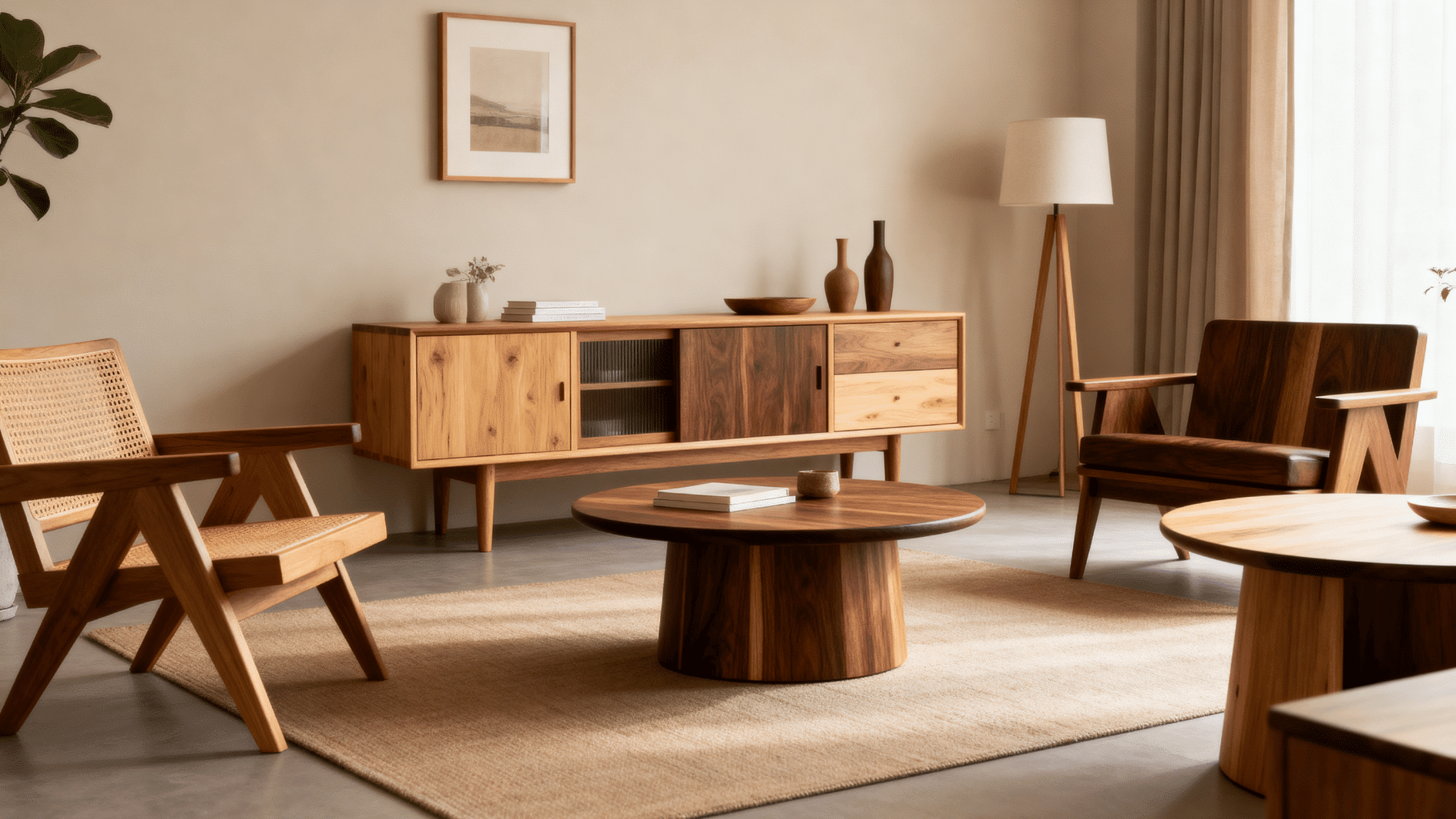 interior mixing different wood finishes, oak, walnut and pine furniture, natural tones, warm cohesive design