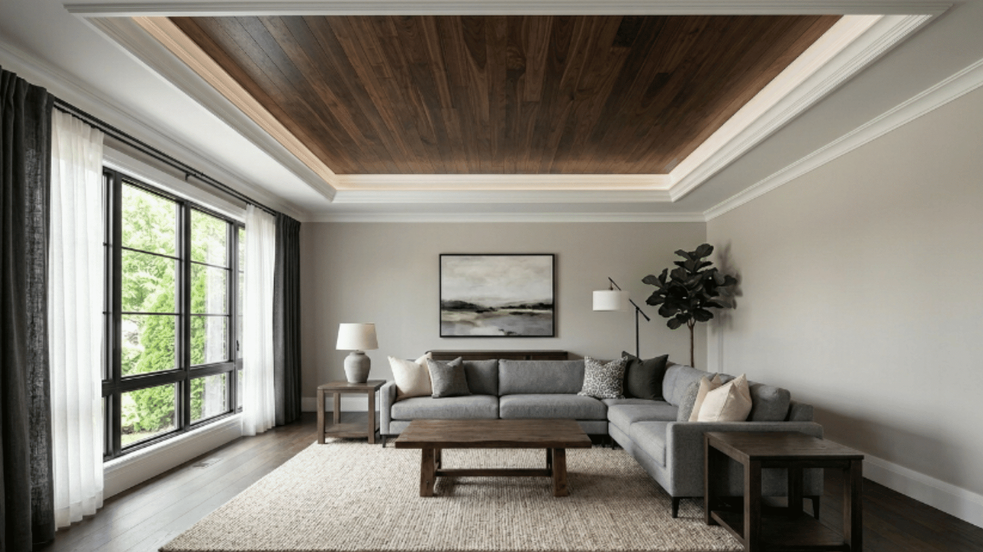 interior room with tray ceiling featuring dark stained wood center creating contrast against a lighter ceiling
