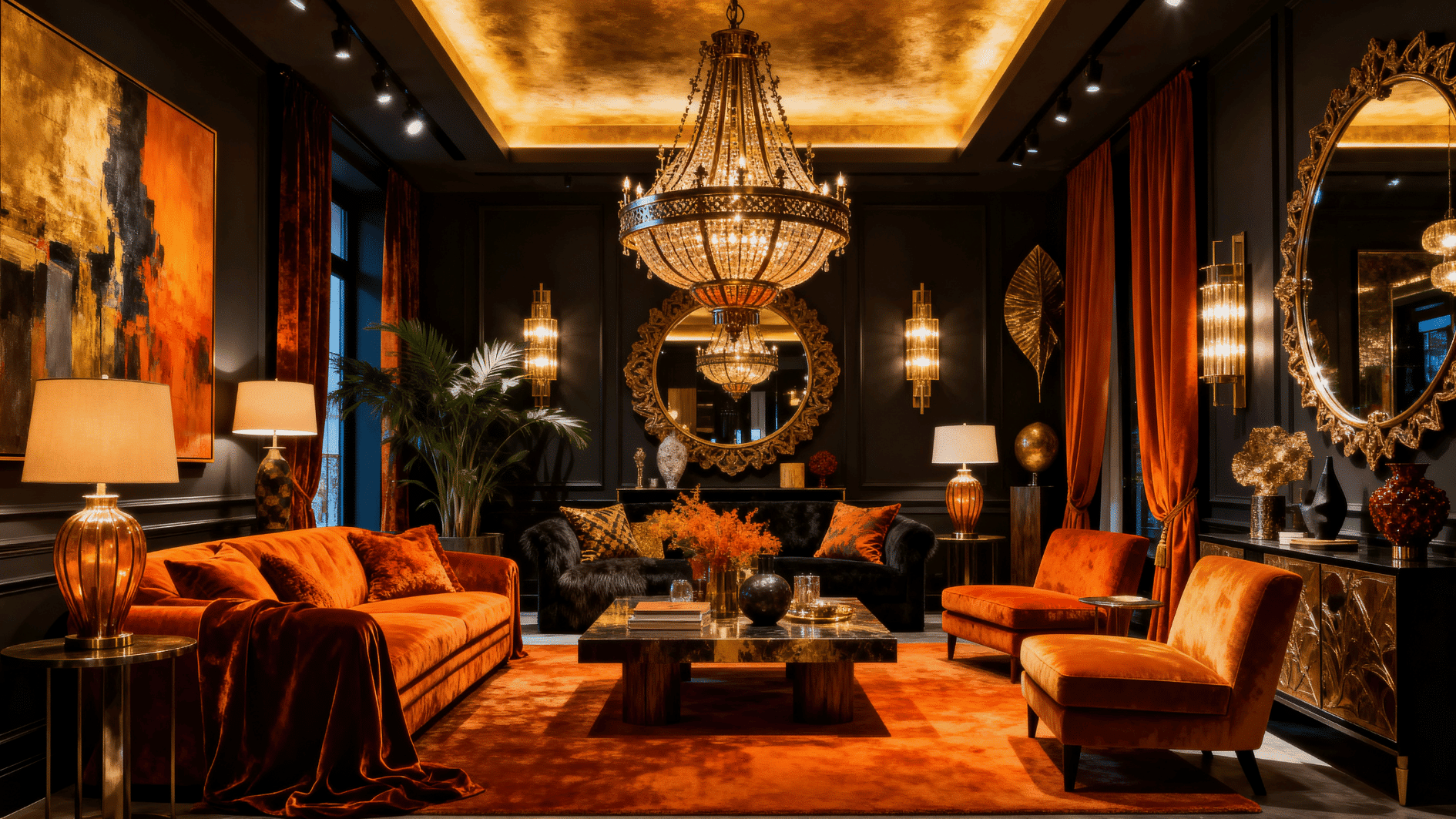 interior with bold lighting fixtures, statement chandelier or pendant, warm ambient lighting, dramatic focal point