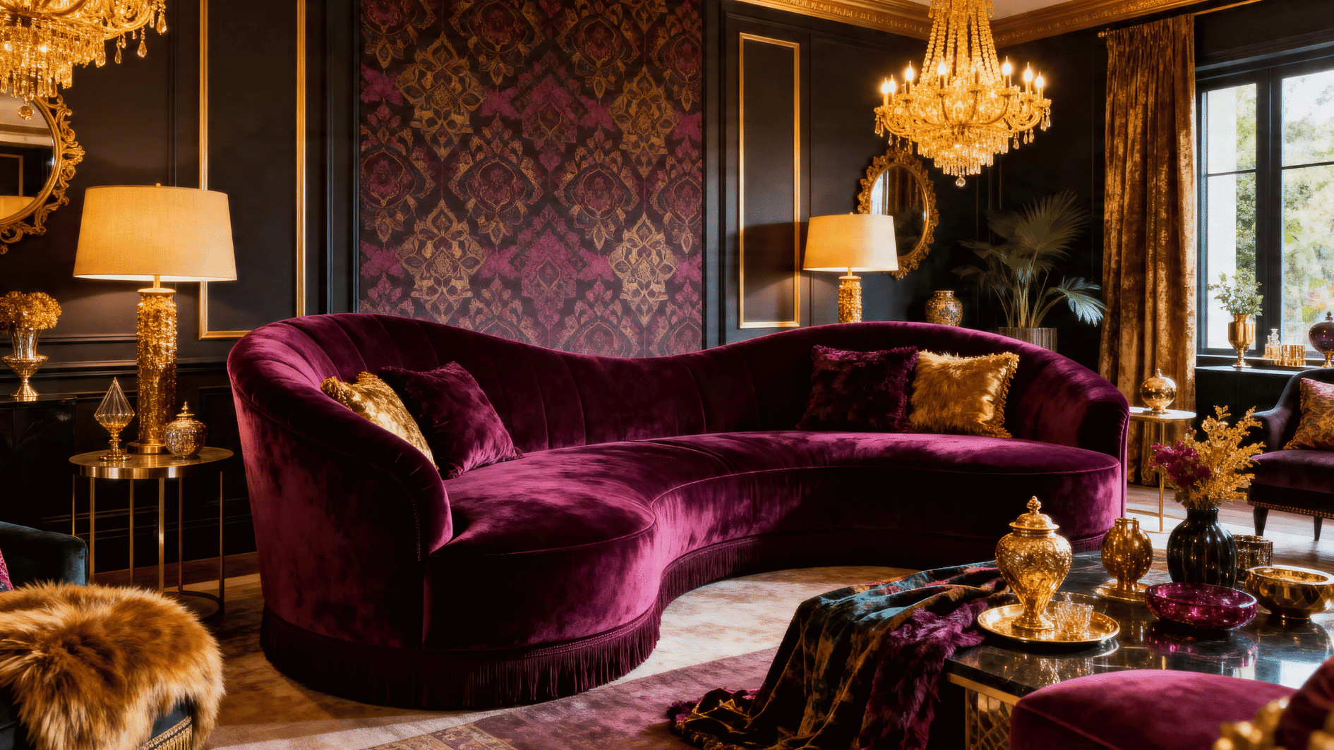 interior with bold statement sofa in deep plum velvet, dramatic shape, rich decor, high-end maximalist living room, warm lighting