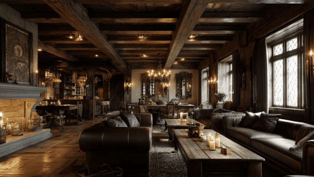 interior with exposed wooden ceiling beams in a tudor style living space