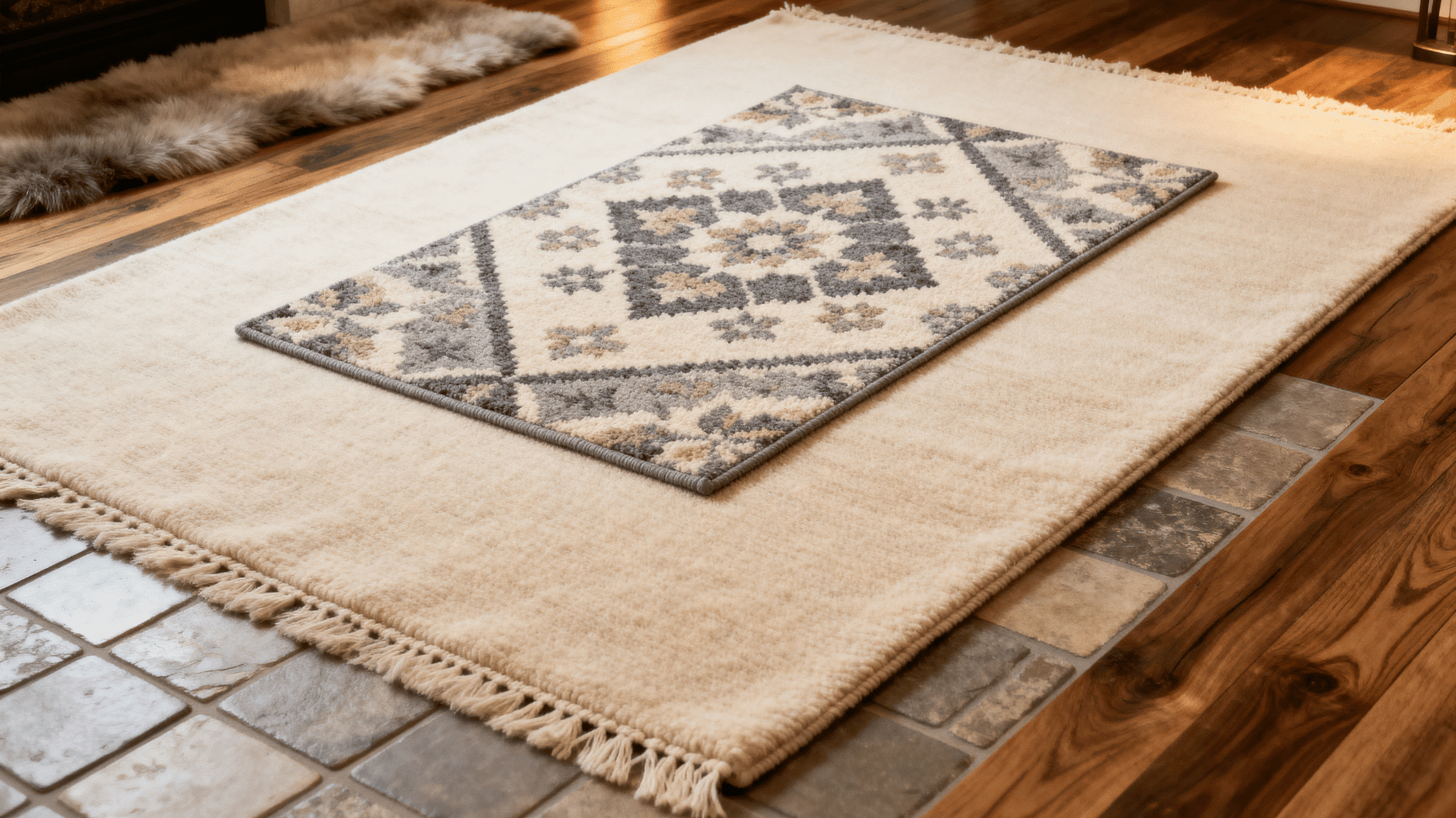 interior with layered rugs, textured floor styling, patterned rug over neutral base, cozy and rich design