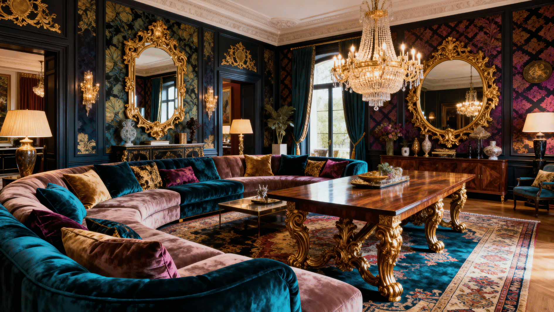 interior with oversized furniture, large sectional sofa or dining table, bold scale, dramatic and luxurious space design