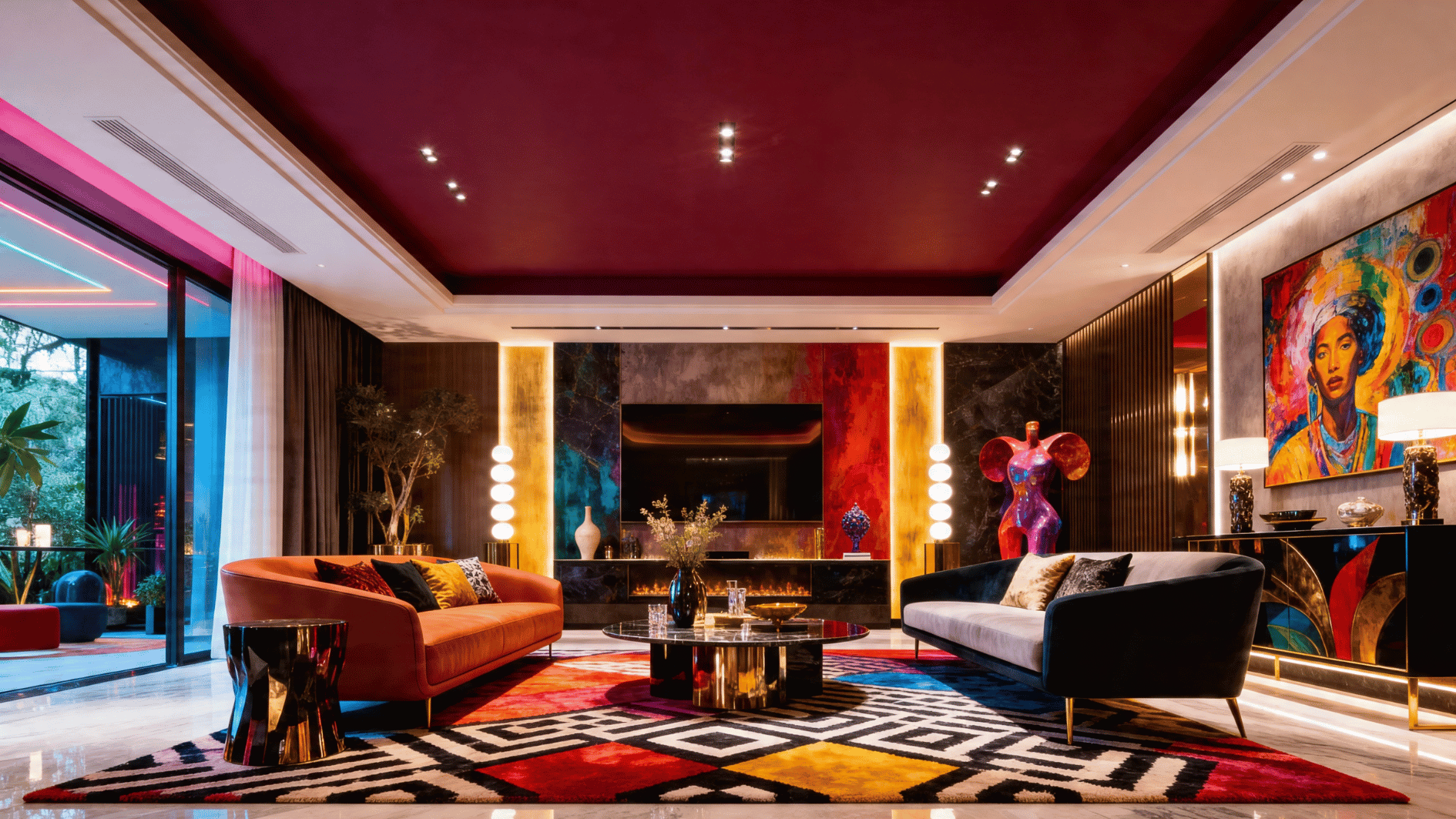 interior with painted ceiling in bold color, modern furniture, immersive design, upward visual focus, stylish home decor