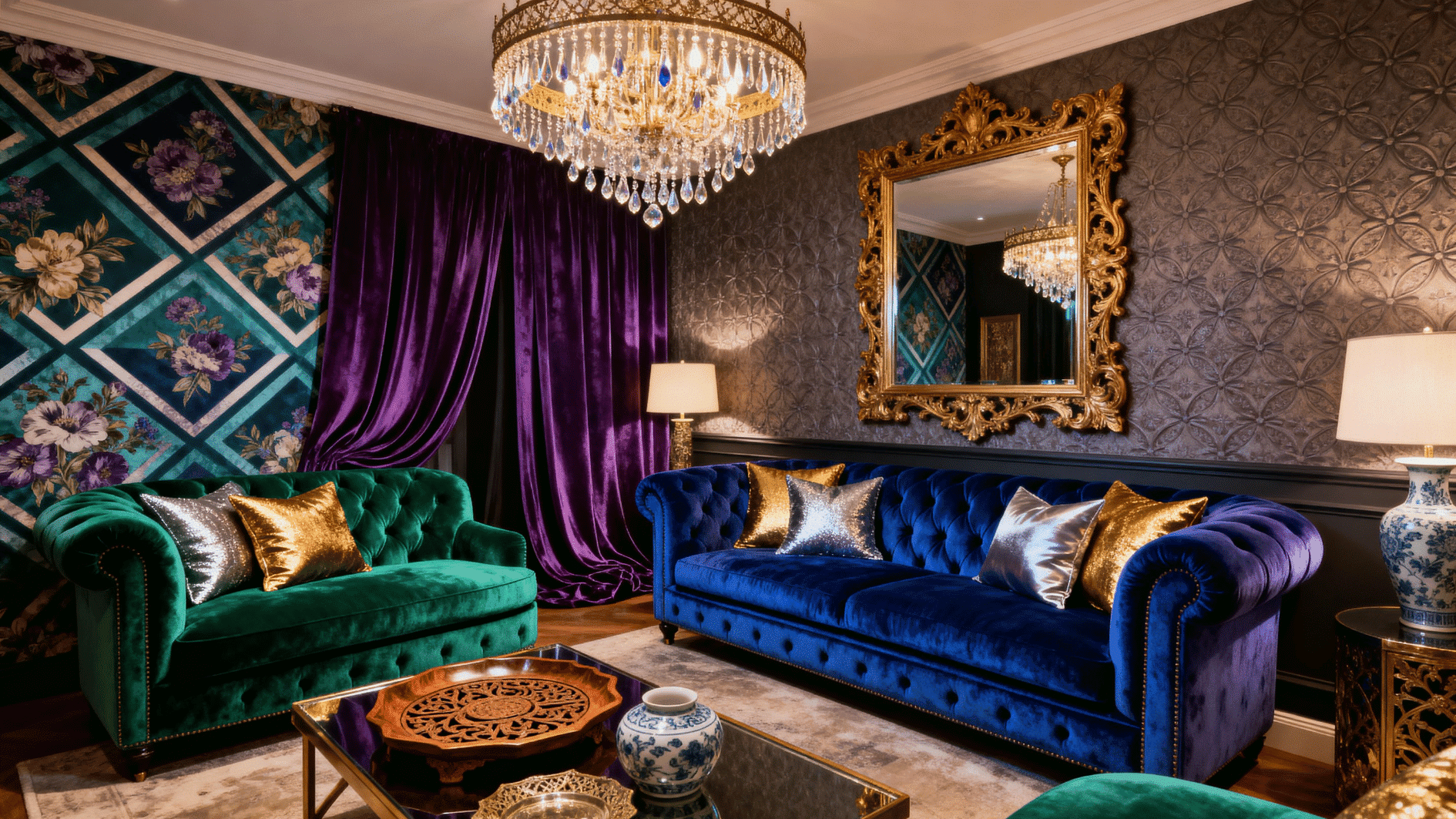 interior with textured fabrics like velvet and silk, plush cushions, rich curtains, luxurious tactile design
