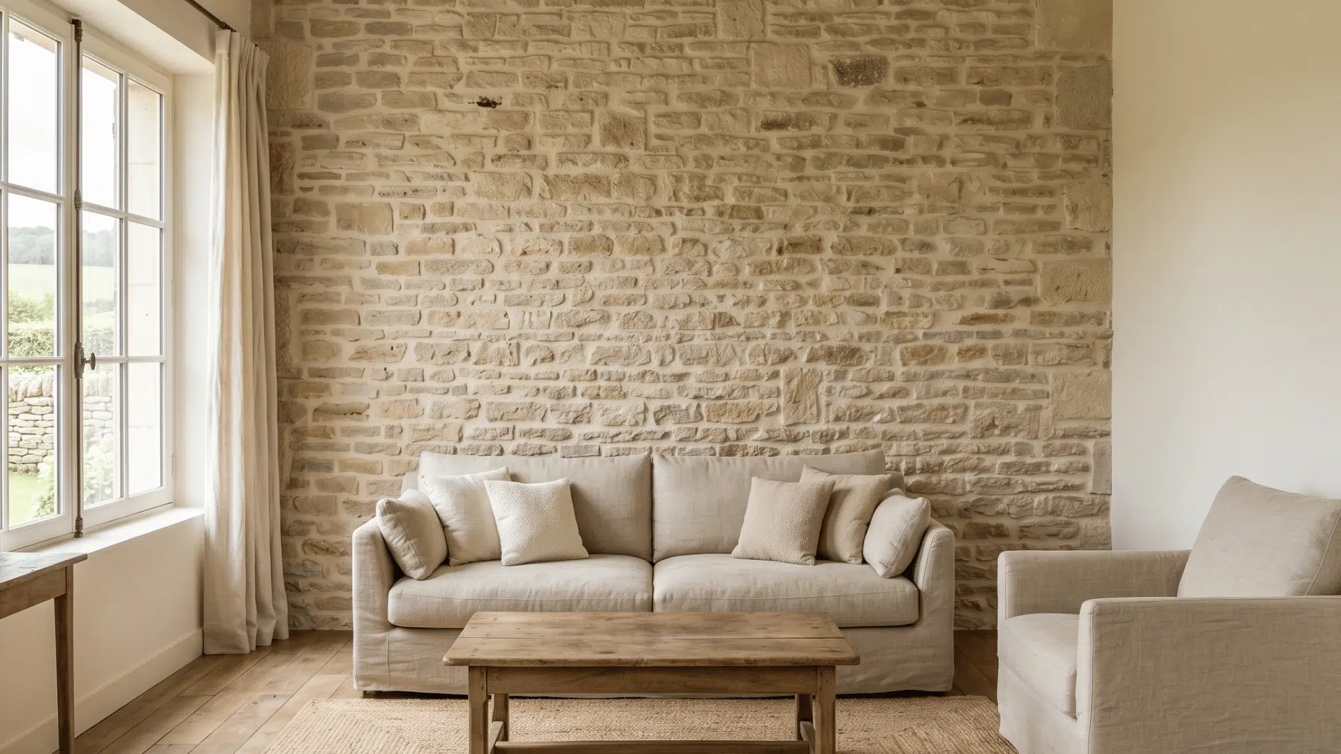 introduces natural texture with a stone wall that adds depth without needing additional decoration