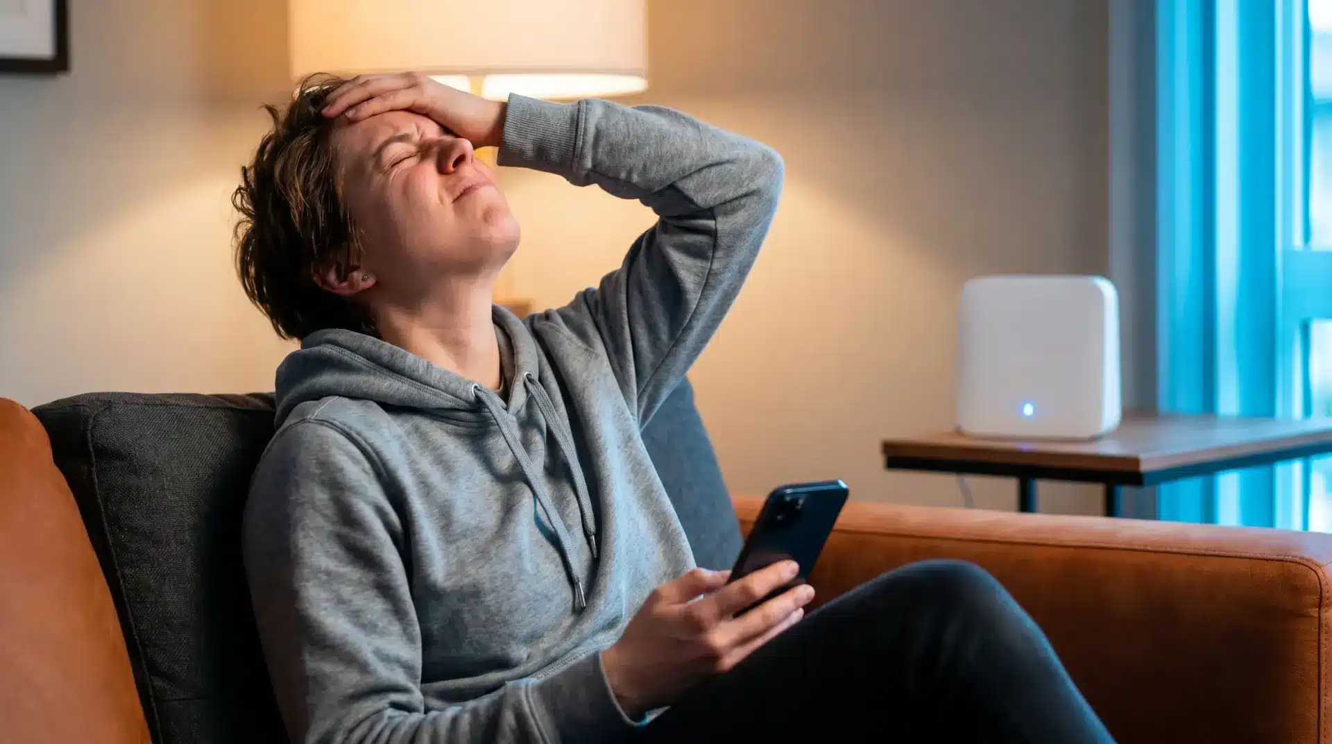 Person in gray hoodie frustrated with phone on couch in softly lit living room