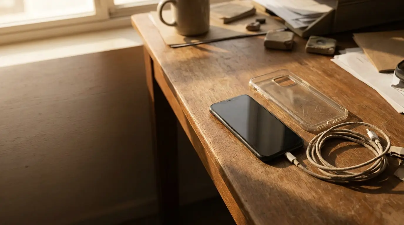 Smartphone with case and charging cable on wooden desk in warm natural light