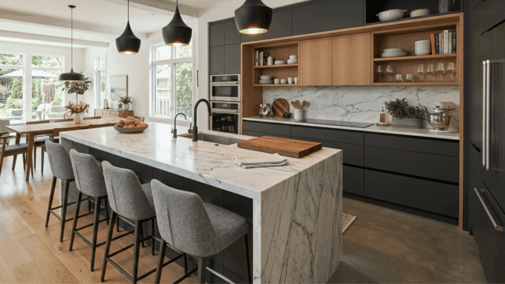 island modular kitchen design with extra workspace seating and built-in storage for open plan homes