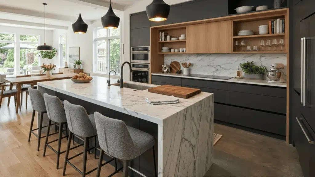 island modular kitchen design with extra workspace seating and built-in storage for open plan homes