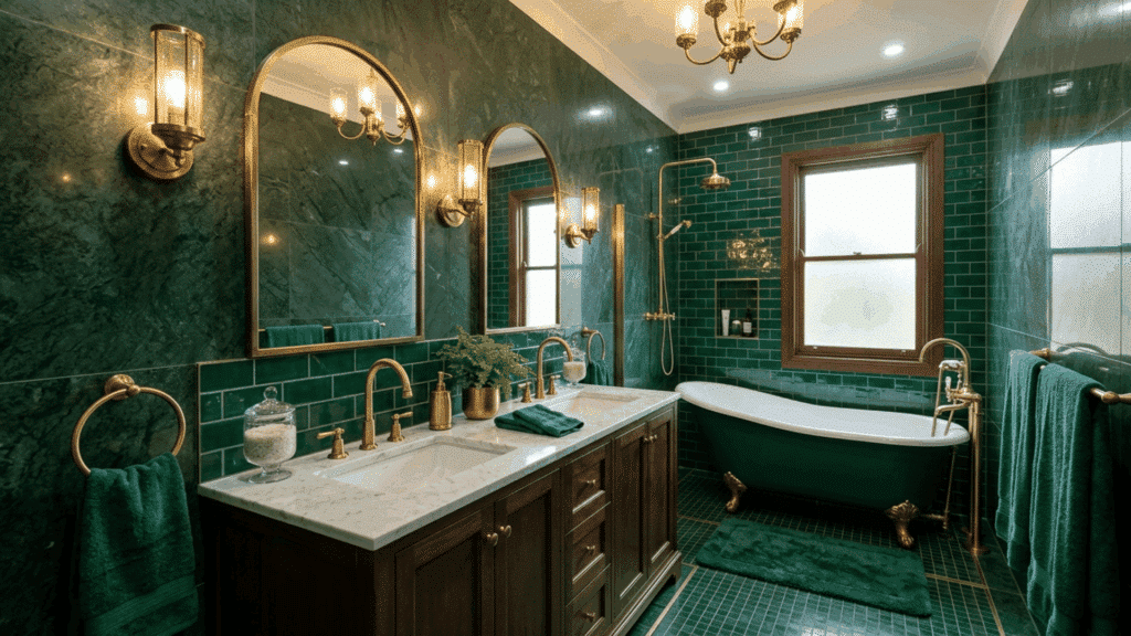 jade green bathroom with emerald tiles, brass fixtures, and elegant lighting