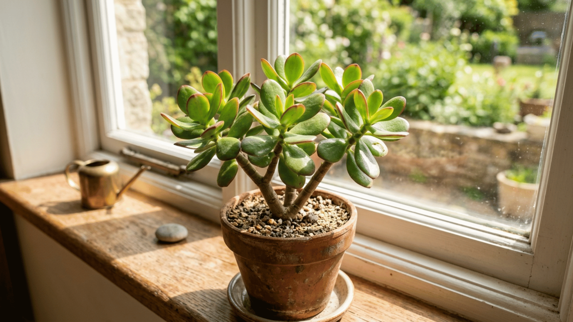 jade plant in a small terracotta pot placed on a windowsill with sunlight highlighting its thick green leaves