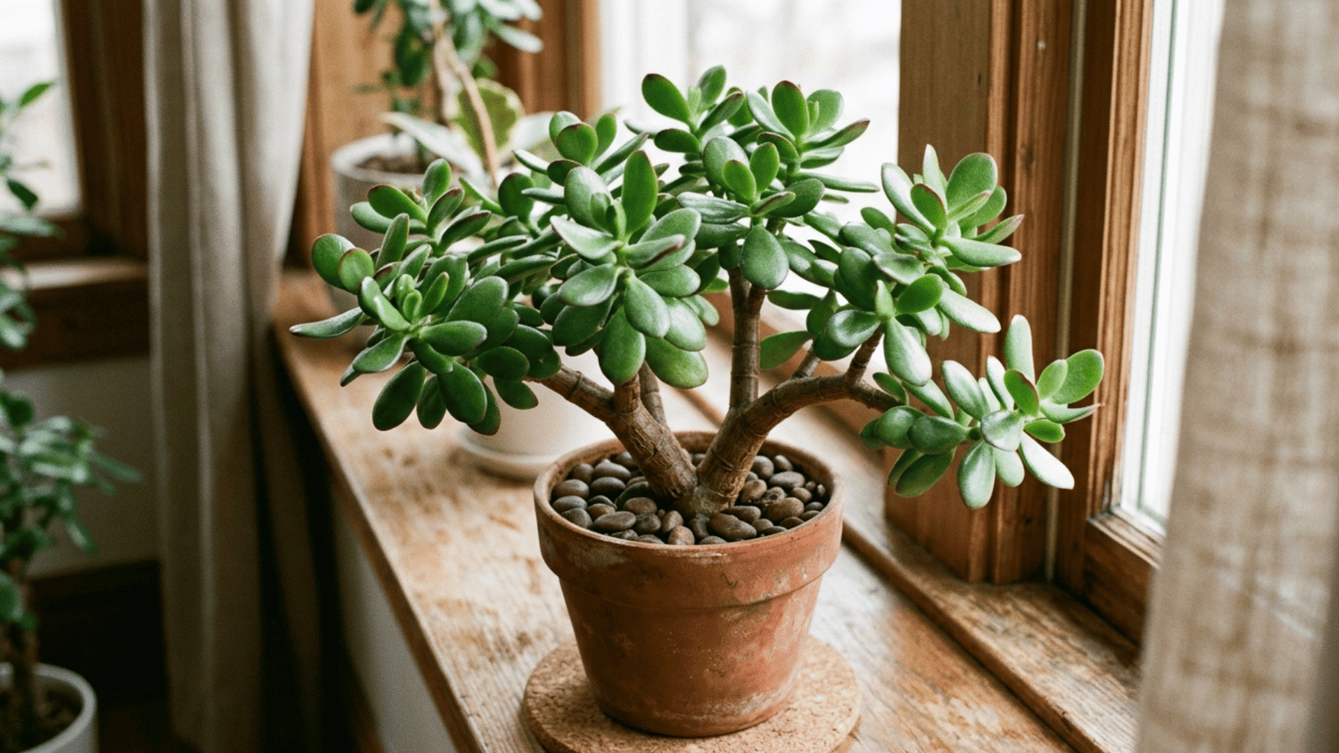 jade plant with round green leaves in a small pot placed near a sunny window indoors.