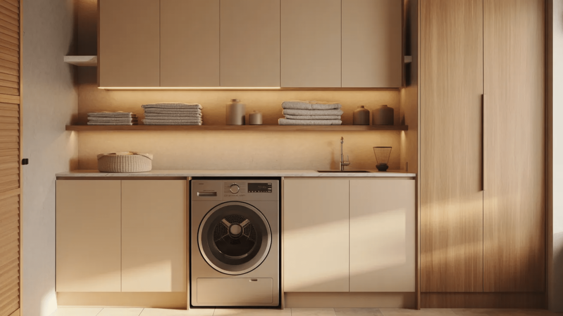 japandi laundry space with wood accents, soft lighting, clean cabinets, and a calm minimal design