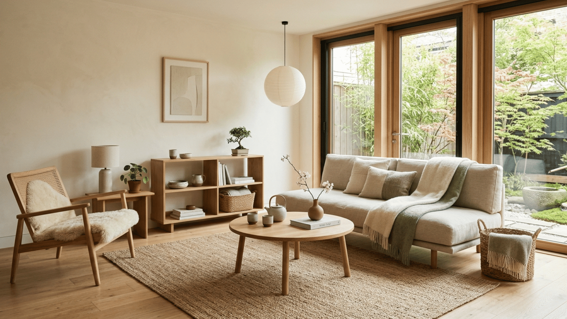 japandi living room with neutral tones, light wood furniture, and large garden-facing windows.