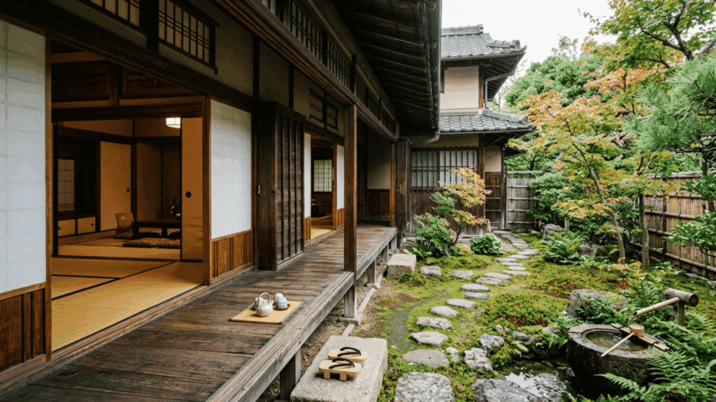 japanese engawa veranda linking tatami room to garden with stone path and greenery.