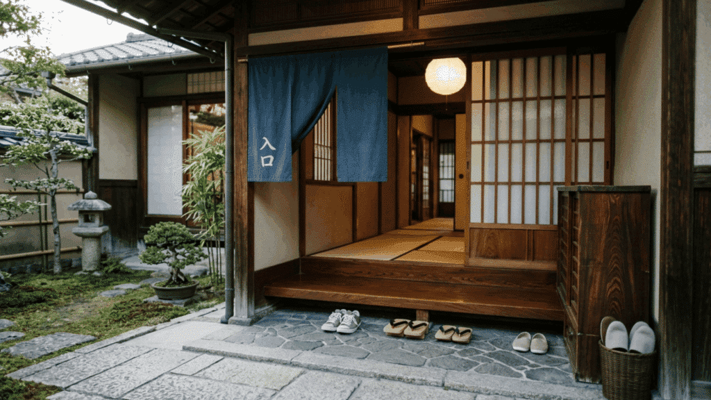 japanese home entrance with genkan step, sliding doors, garden path, and neatly placed shoes.