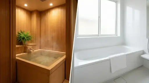 Wooden traditional Japanese soaking tub with potted fern next to modern white bathtub with towel