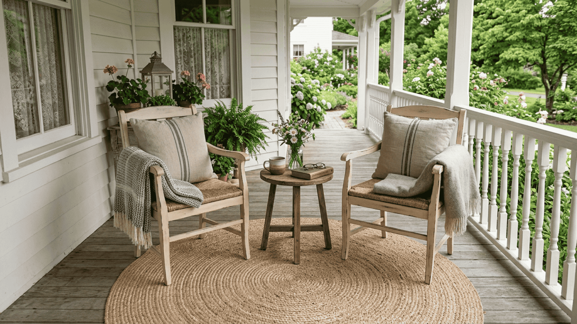 jute natural fiber rug under farmhouse porch seating area with two chairs and a wooden side table