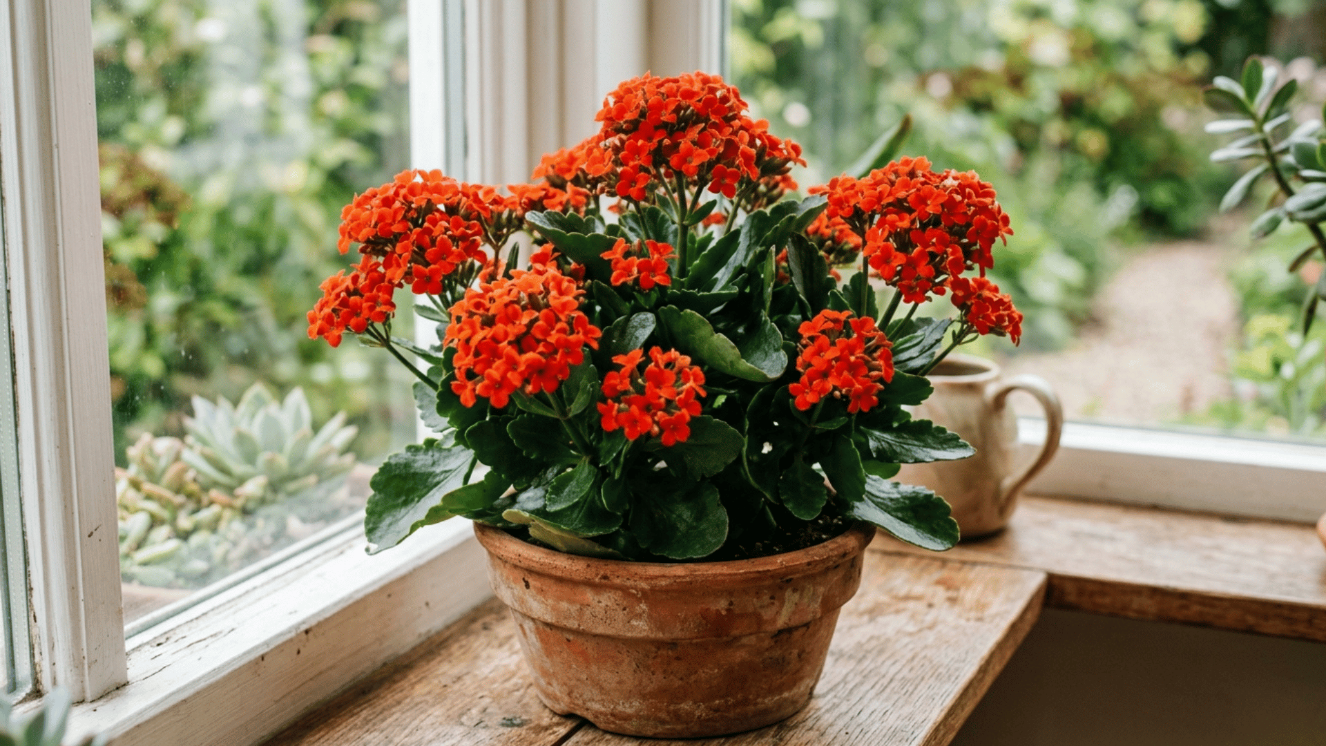 kalanchoe plant with bright orange flowers in a pot placed near a sunny window.