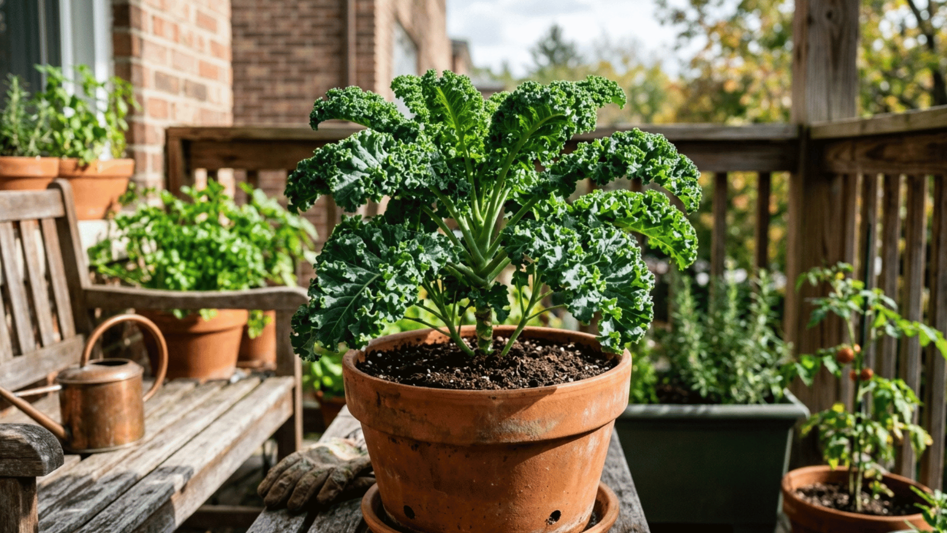 kale plant growing in a pot with curly green leaves on a patio.
