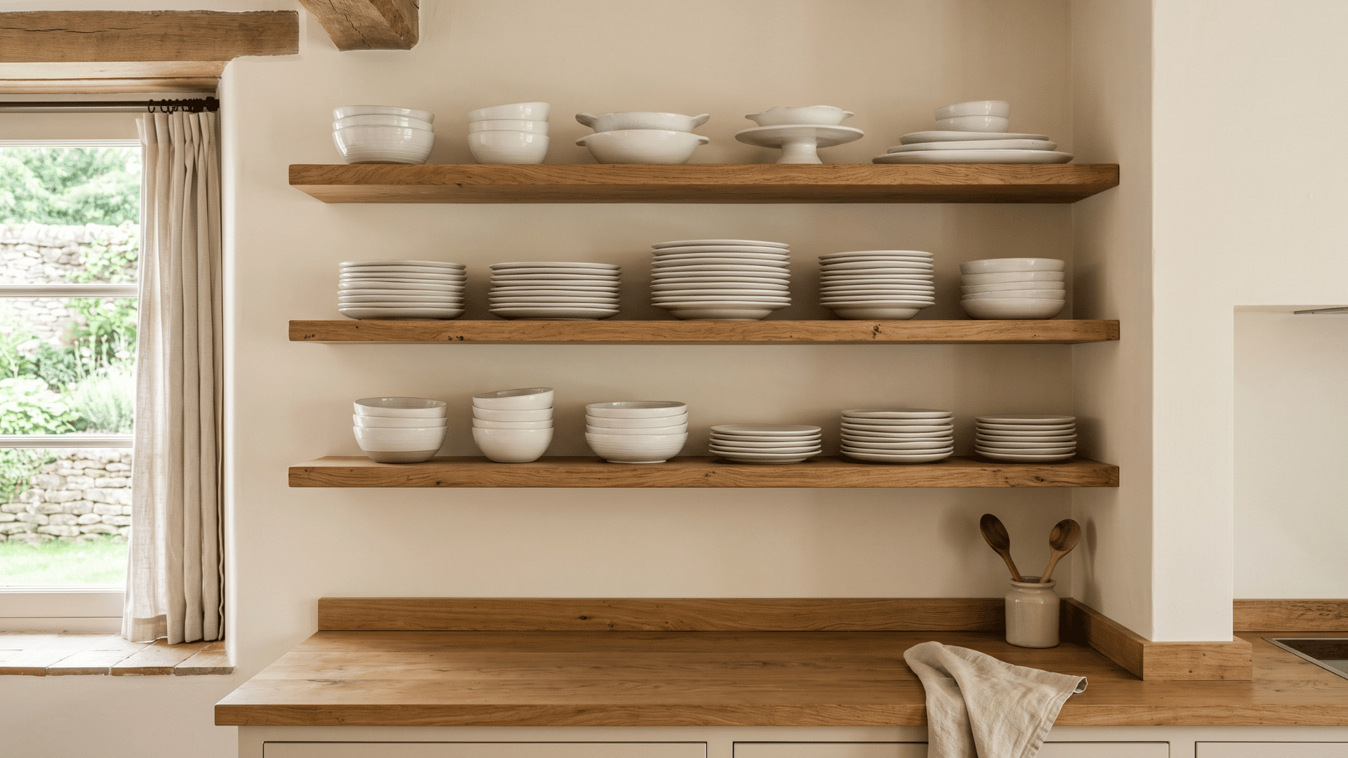 keeps storage visible and organized using neatly arranged dishware on open shelves