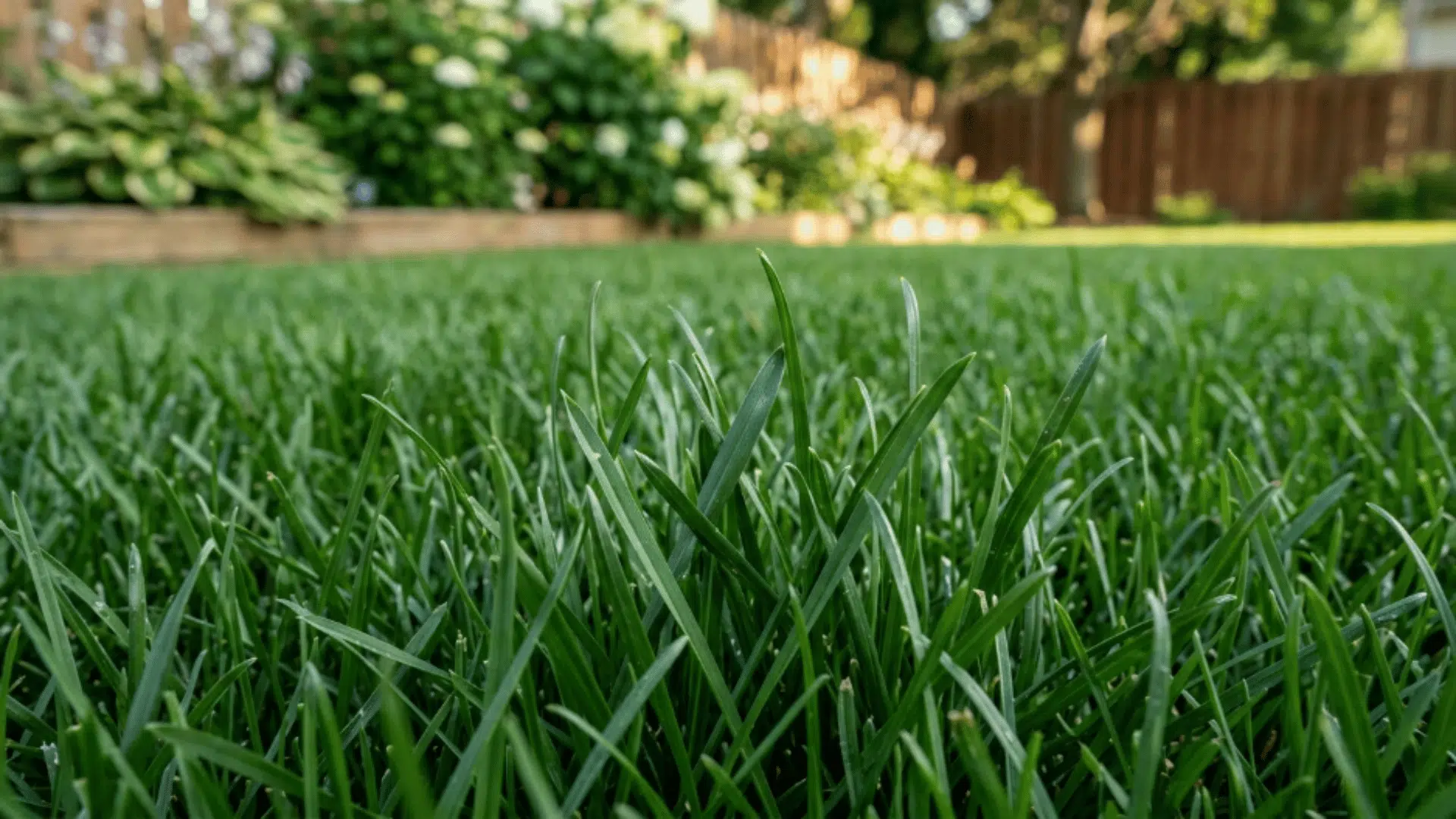 kentucky bluegrass lawn with fine soft blades and dense dark green growth in sunlight