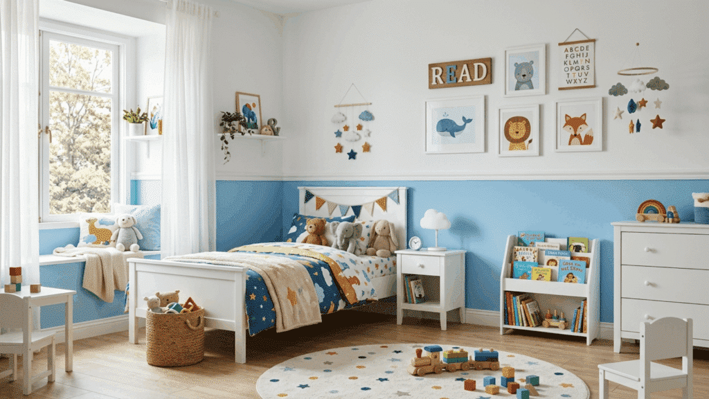 kids bedroom with sky blue lower wall and white upper wall styled with simple white furniture and playful decor
