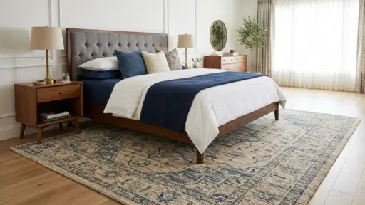 king bed with large area rug fully placed under bed and nightstands in a bright bedroom.