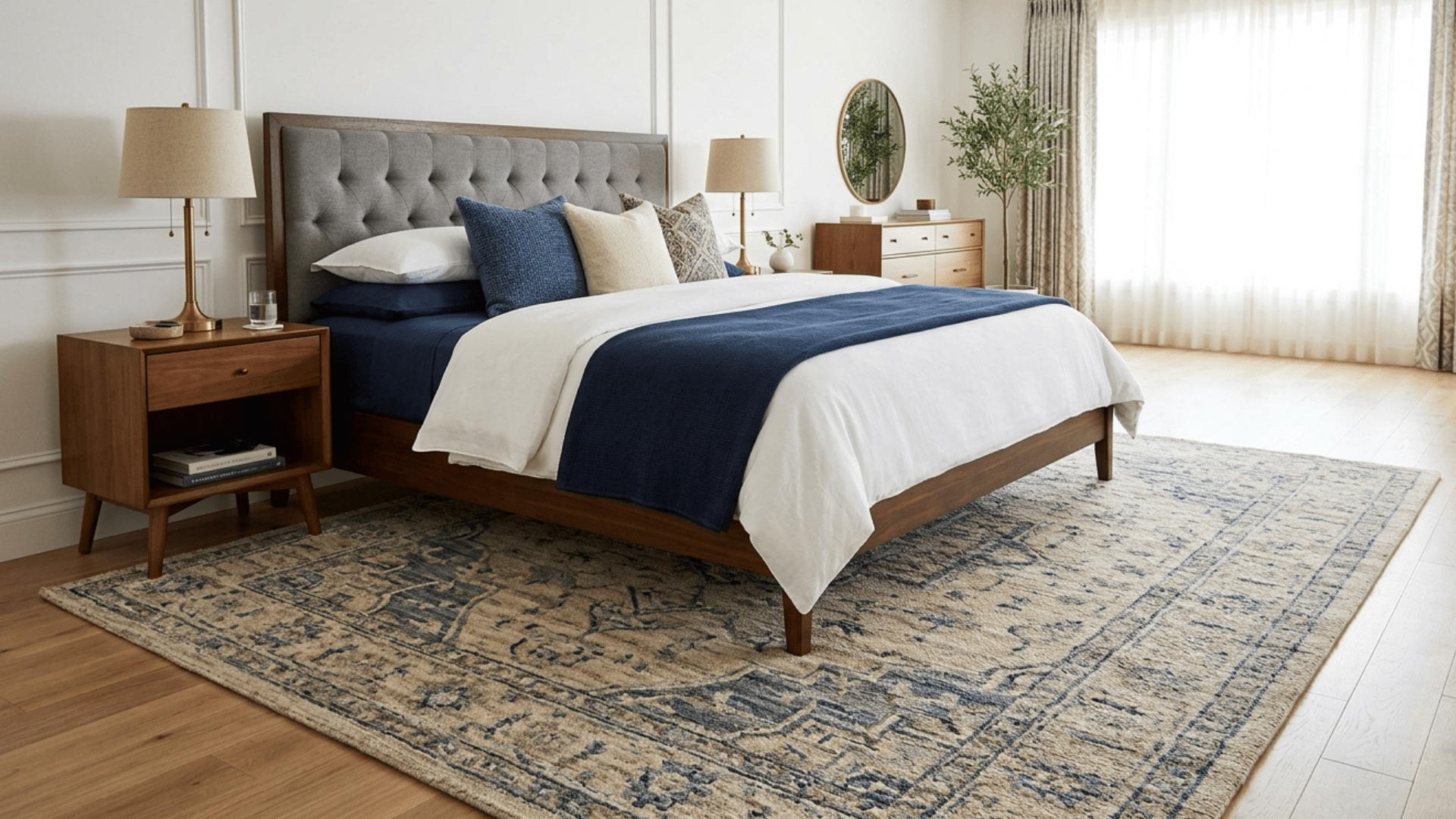 king bed with large area rug fully placed under bed and nightstands in a bright bedroom.