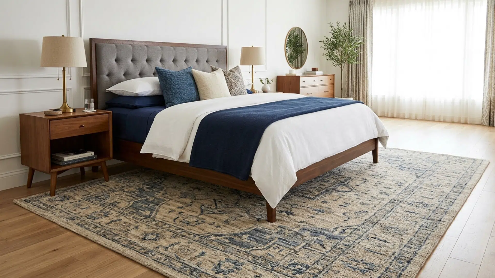 king bed with large area rug fully placed under bed and nightstands in a bright bedroom.