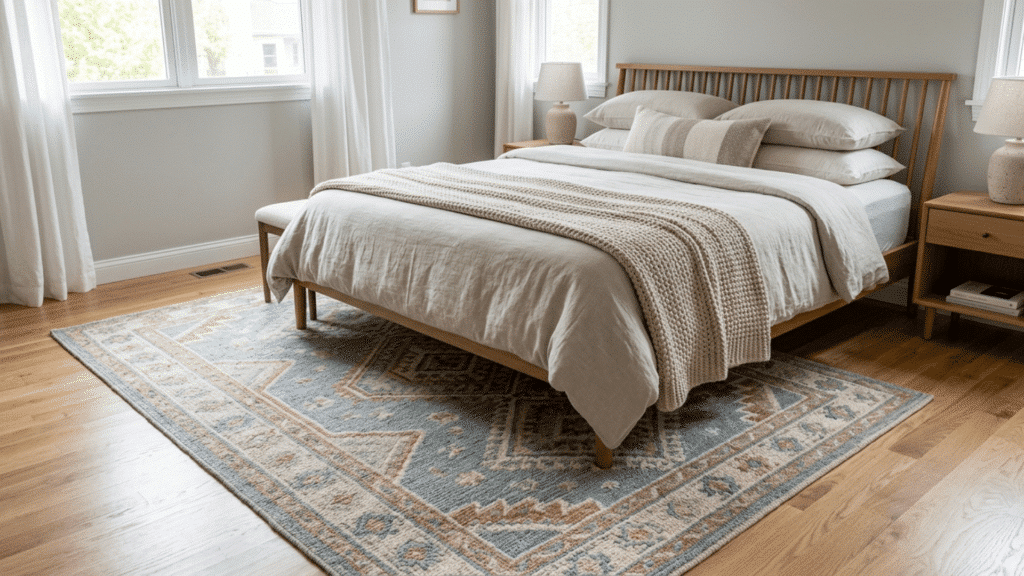king bed with partially placed rug under lower half for a balanced layout.