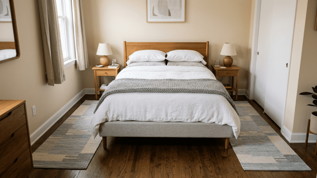 king bed with partially placed rug under lower half for a balanced layout.