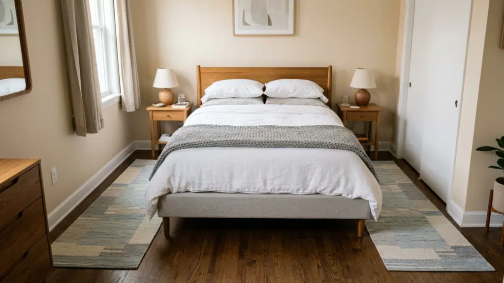 king bed with partially placed rug under lower half for a balanced layout.