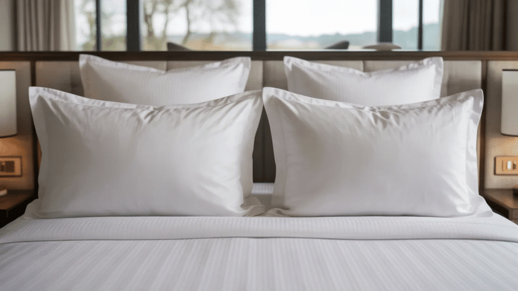 king-size bed with wide king shams and matching pillows arranged symmetrically against the headboard