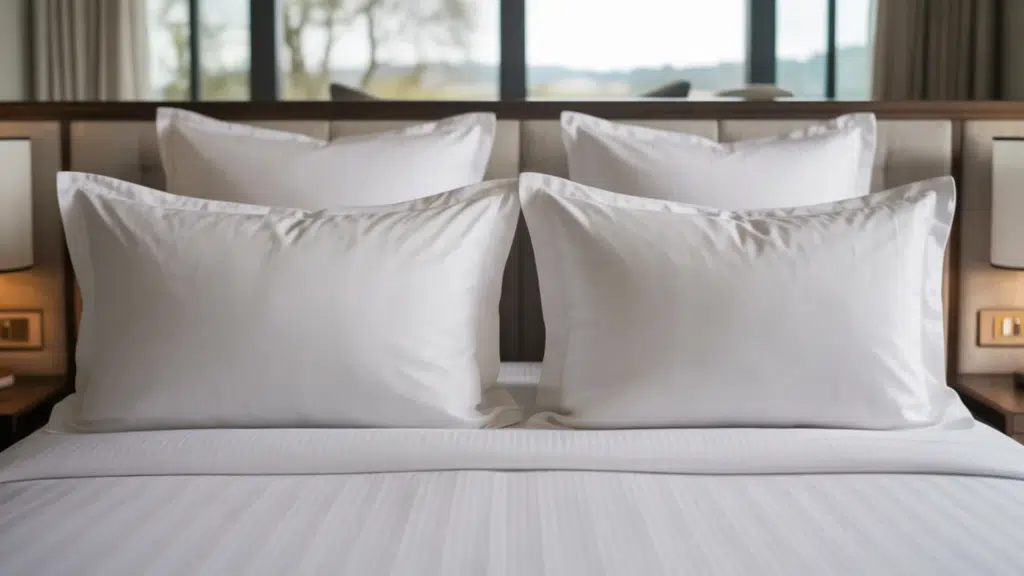 king-size bed with wide king shams and matching pillows arranged symmetrically against the headboard