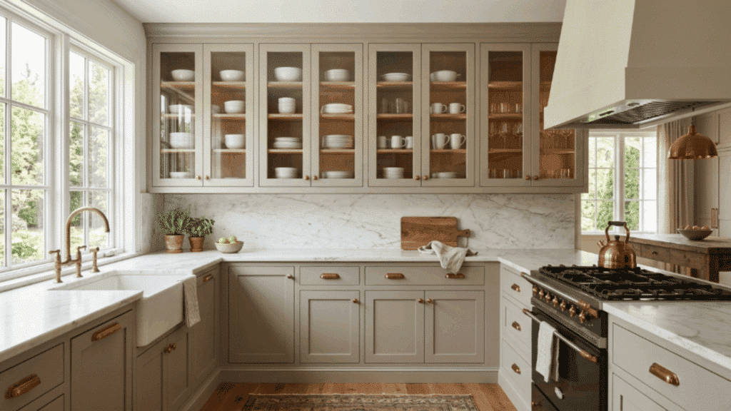 kitchen cabinets with glass doors display dishware while keeping the kitchen light open and visually interesting
