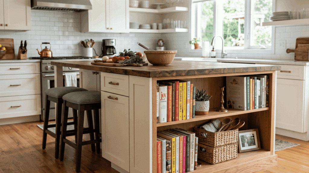 kitchen island with bookshelf storage, wooden top, and seating stools.