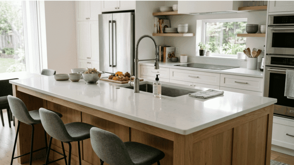 kitchen island with built-in sink, white countertop, and seating in a bright kitchen.