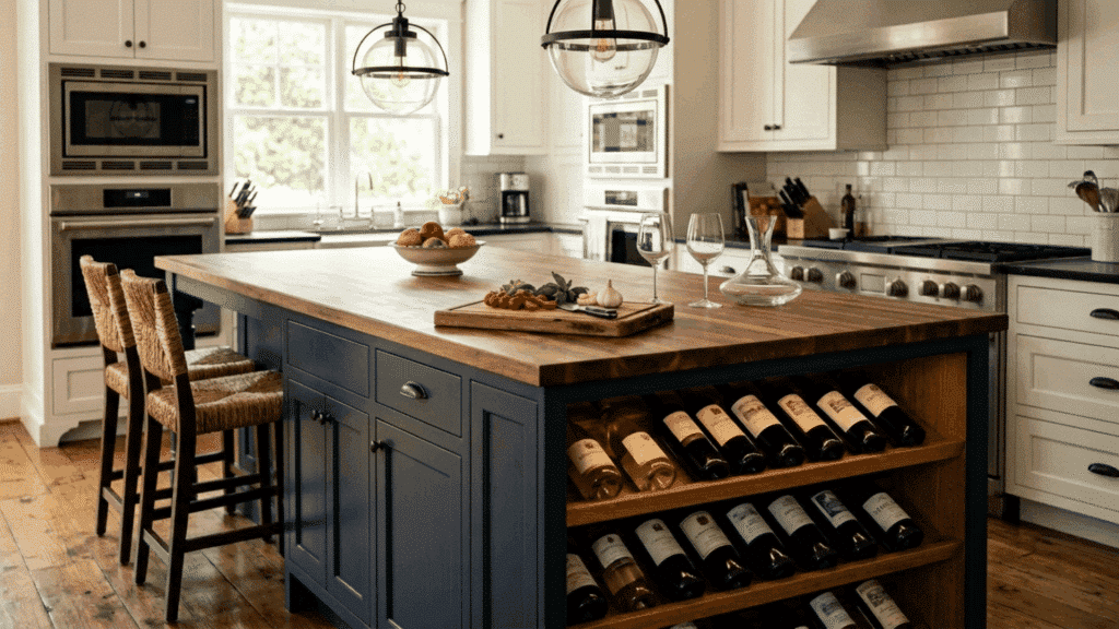 kitchen island with built-in wine rack, wooden top, and seating in a modern kitchen.