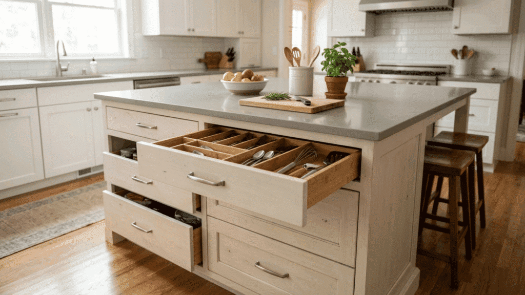 kitchen island with drawers and organized storage for utensils in a bright kitchen.