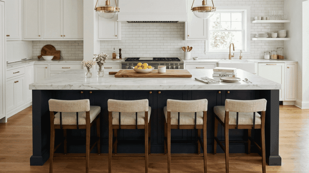 kitchen island with marble top, built-in seating, and four wooden chairs.