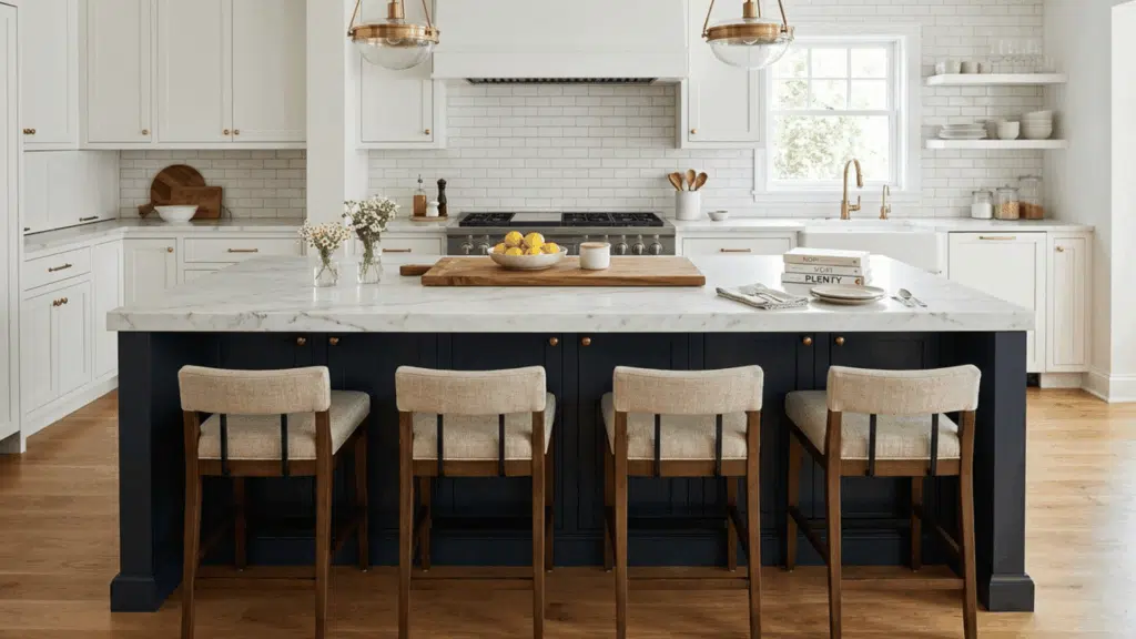 kitchen island with marble top, built-in seating, and four wooden chairs.