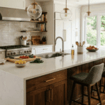 kitchen island with sink, white countertop, and bar seating in a modern kitchen.