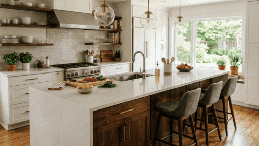 kitchen island with sink, white countertop, and bar seating in a modern kitchen.