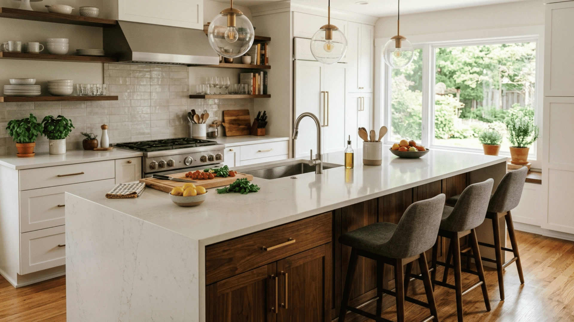 kitchen island with sink, white countertop, and bar seating in a modern kitchen.