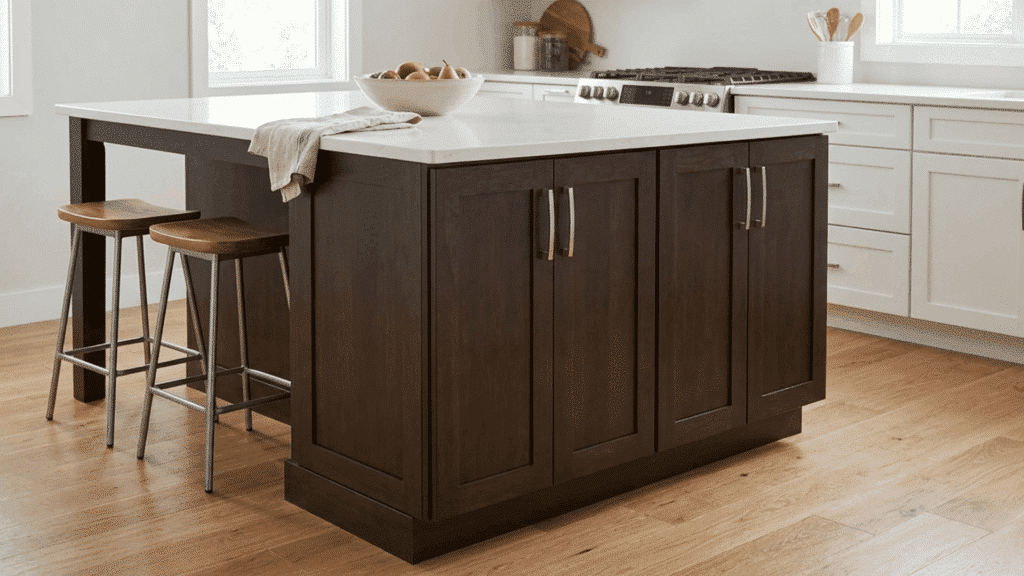 kitchen island with storage cabinets, dark wood base, and white countertop with seating.