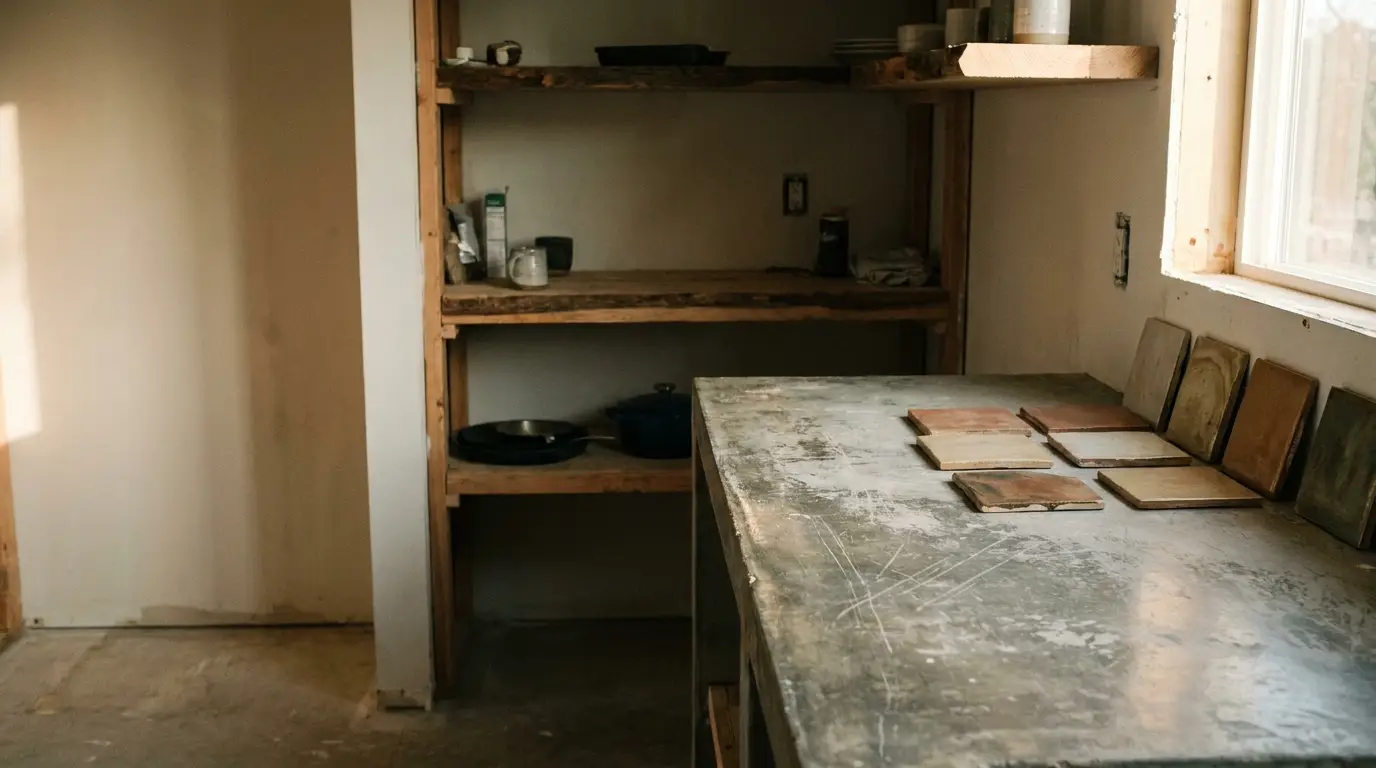 Concrete countertop with assorted tiles in rustic kitchen featuring wooden shelves and muted lighting