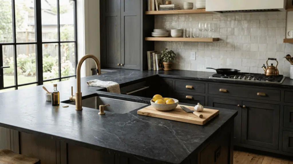 kitchen with dark soapstone countertop, matte finish, classic cabinetry, and subtle natural stone texture details 